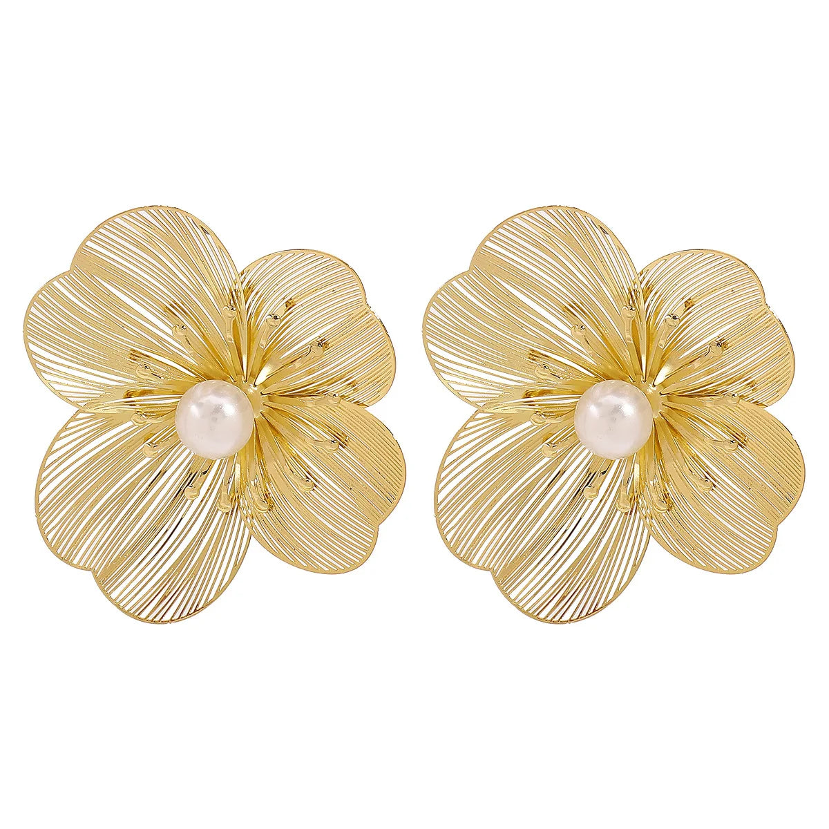 Gold Color Big Petal Hollow Flower withe Pearl Earrings for Women Exaggerated Trend Metal Irregular Earrings Ladies Jewelry